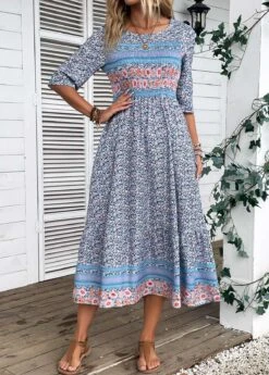 Blue Smocked Ditsy Floral Print Dress 10 Blue Smocked Ditsy Floral Print Dress -OLALA Clothing Shop 335227 P 16873136217292