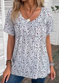 Bleaching White Ruched Ditsy Floral Print T Shirt 10 Bleaching White Ruched Ditsy Floral Print T Shirt -OLALA Clothing Shop 335281 P 16869216470200