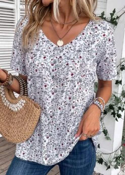 Bleaching White Ruched Ditsy Floral Print T Shirt 13 Bleaching White Ruched Ditsy Floral Print T Shirt -OLALA Clothing Shop 335281 P 16869216477494