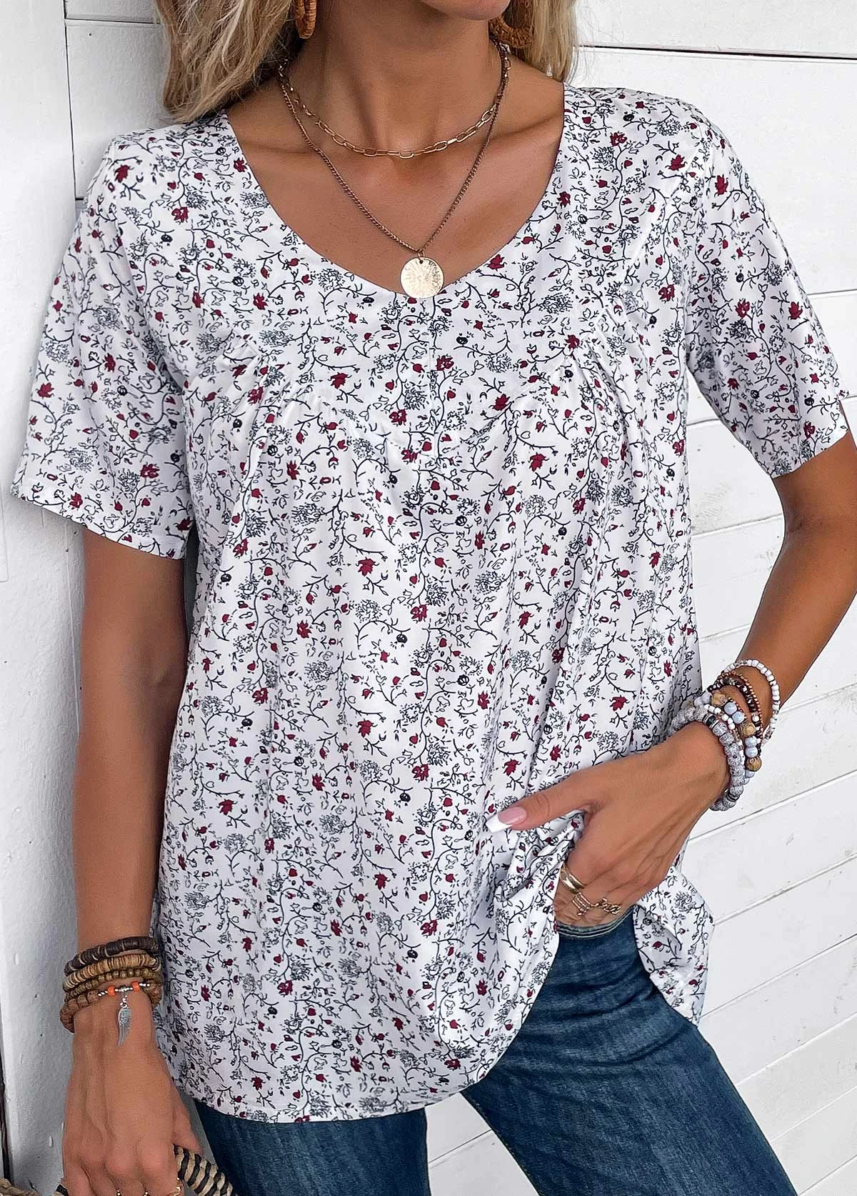 Bleaching White Ruched Ditsy Floral Print T Shirt 3 Bleaching White Ruched Ditsy Floral Print T Shirt