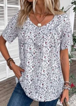 Bleaching White Ruched Ditsy Floral Print T Shirt 12 Bleaching White Ruched Ditsy Floral Print T Shirt -OLALA Clothing Shop 335281 P 16869216479713