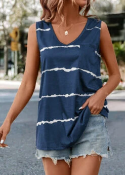 Navy Striped V Neck Tank Top -OLALA Clothing Shop 335380 P 16855259551122