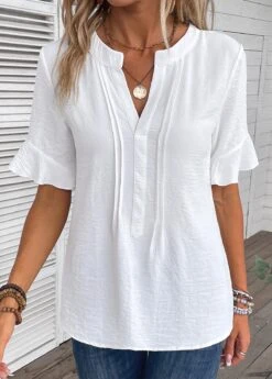 White Patchwork Half Sleeve Split Neck Blouse 10 White Patchwork Half Sleeve Split Neck Blouse -OLALA Clothing Shop 335600 P 16869216251272