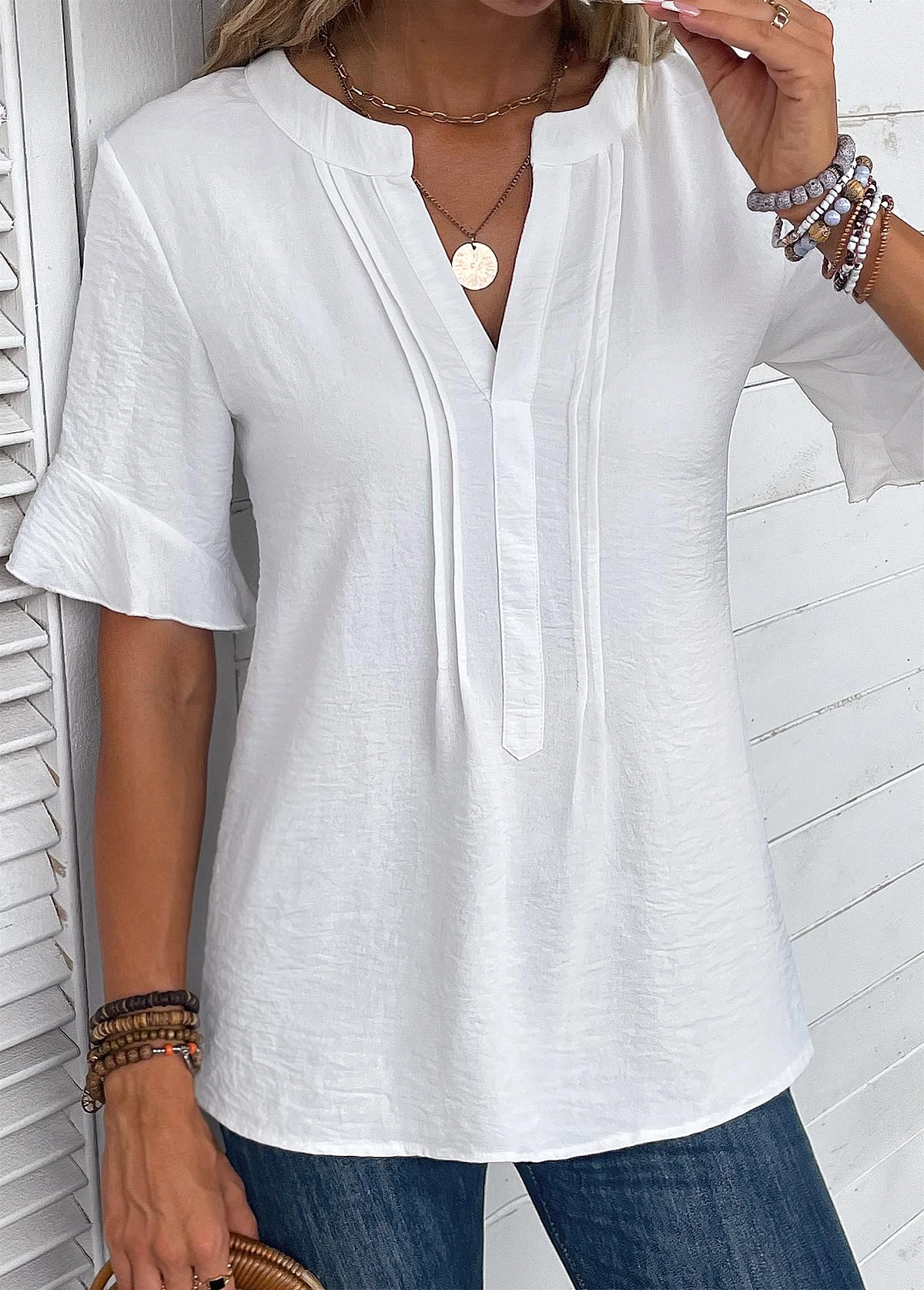 White Patchwork Half Sleeve Split Neck Blouse 8 White Patchwork Half Sleeve Split Neck Blouse - Image 6