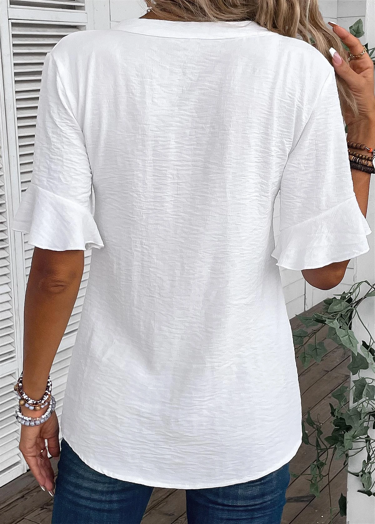 White Patchwork Half Sleeve Split Neck Blouse 4 White Patchwork Half Sleeve Split Neck Blouse - Image 2