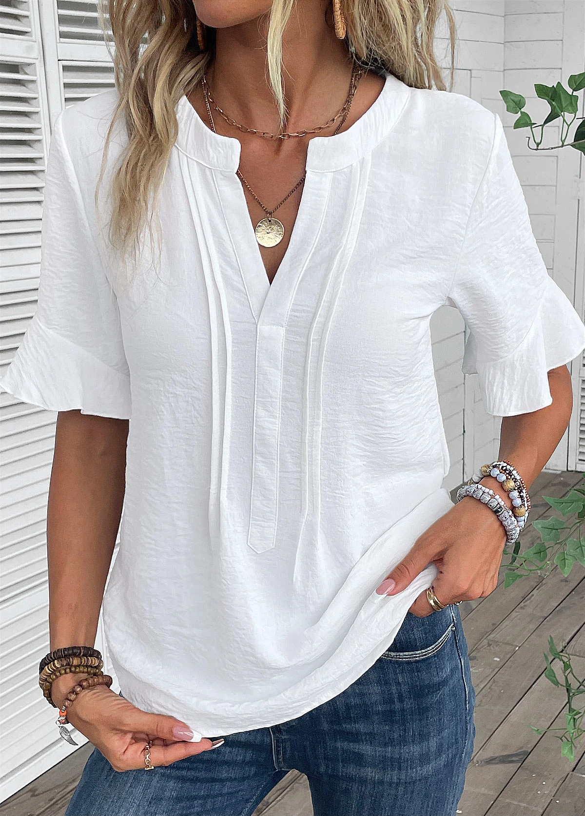 White Patchwork Half Sleeve Split Neck Blouse 6 White Patchwork Half Sleeve Split Neck Blouse - Image 4