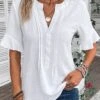 White Patchwork Half Sleeve Split Neck Blouse