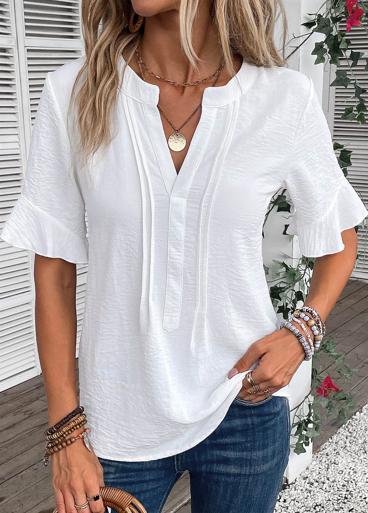 White Patchwork Half Sleeve Split Neck Blouse 3 White Patchwork Half Sleeve Split Neck Blouse
