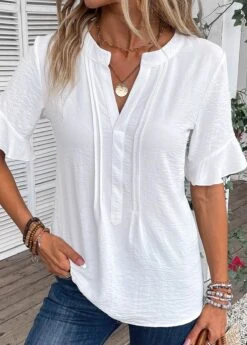 White Patchwork Half Sleeve Split Neck Blouse 12 White Patchwork Half Sleeve Split Neck Blouse -OLALA Clothing Shop 335600 P 16869216258454