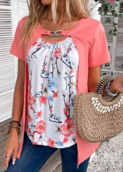 Peach Red Fake 2in1 Floral Print T Shirt -OLALA Clothing Shop 335610 P 16873114995512