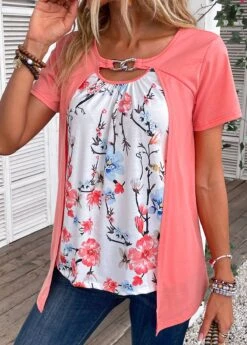 Peach Red Fake 2in1 Floral Print T Shirt -OLALA Clothing Shop 335610 P 16873114996795