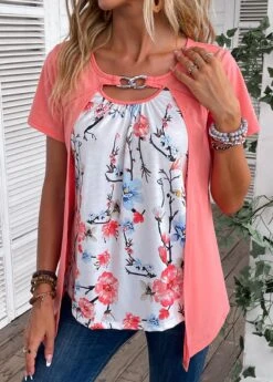 Peach Red Fake 2in1 Floral Print T Shirt -OLALA Clothing Shop 335610 P 16873114996920