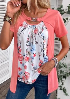 Peach Red Fake 2in1 Floral Print T Shirt -OLALA Clothing Shop 335610 P 16873114998313