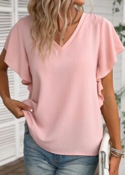 Dusty Pink Ruffle Short Sleeve V Neck Blouse -OLALA Clothing Shop 335707 P 16879414984164