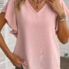 Dusty Pink Ruffle Short Sleeve V Neck Blouse -OLALA Clothing Shop 335707 P 16879414984520