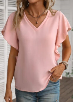 Dusty Pink Ruffle Short Sleeve V Neck Blouse -OLALA Clothing Shop 335707 P 16879414989682