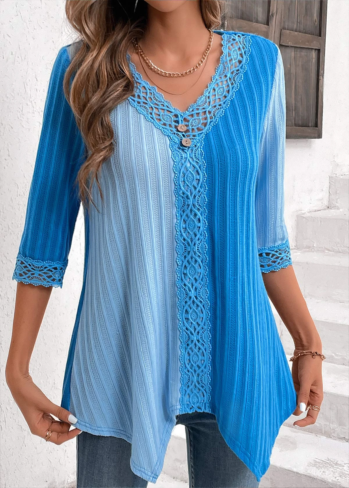Sky Blue Patchwork Three Quarter Length Sleeve Blouse 5 Sky Blue Patchwork Three Quarter Length Sleeve Blouse - Image 3