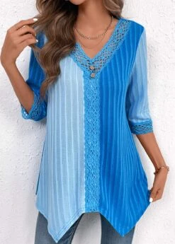 Sky Blue Patchwork Three Quarter Length Sleeve Blouse 13 Sky Blue Patchwork Three Quarter Length Sleeve Blouse -OLALA Clothing Shop 336019 P 16904533622775