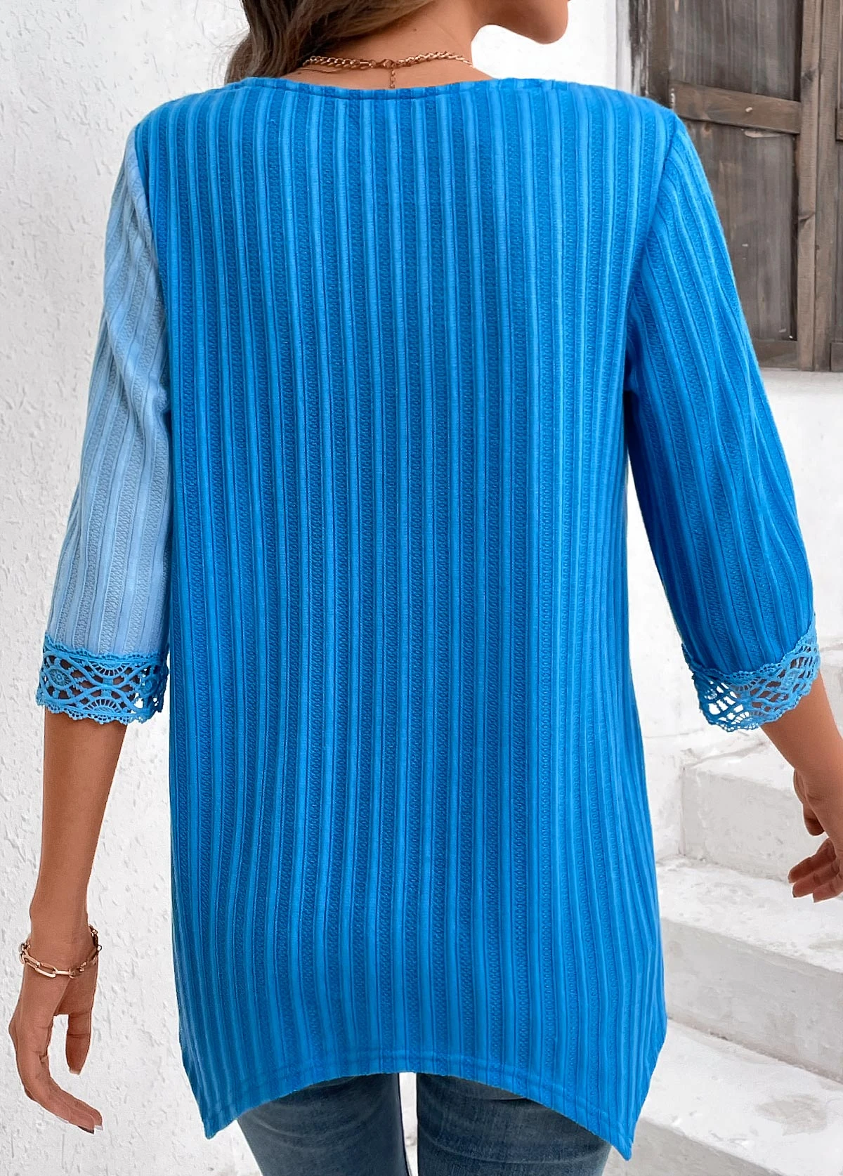 Sky Blue Patchwork Three Quarter Length Sleeve Blouse 4 Sky Blue Patchwork Three Quarter Length Sleeve Blouse - Image 2