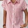 Pink Pocket Striped Short Sleeve Shirt Collar Blouse -OLALA Clothing Shop 336034 P 1686555393162