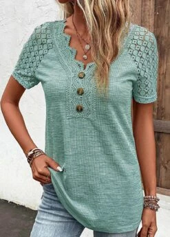 Green Lace Short Sleeve V Neck T Shirt -OLALA Clothing Shop 336109 P 16871565990964