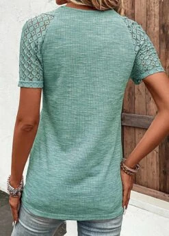 Green Lace Short Sleeve V Neck T Shirt -OLALA Clothing Shop 336109 P 16871565991201