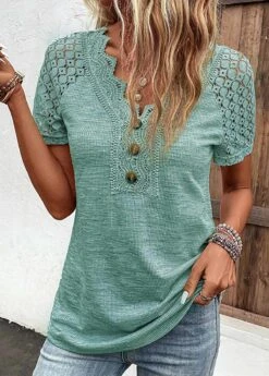 Green Lace Short Sleeve V Neck T Shirt -OLALA Clothing Shop 336109 P 16871565995745