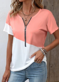 Dusty Pink Zipper Short Sleeve T Shirt -OLALA Clothing Shop 336140 P 16878639130472
