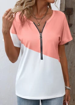 Dusty Pink Zipper Short Sleeve T Shirt -OLALA Clothing Shop 336140 P 16878639133120