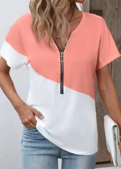 Dusty Pink Zipper Short Sleeve T Shirt