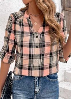 Pink Ruched Plaid Long Sleeve Split Neck Blouse -OLALA Clothing Shop 336504 P 16907883891655