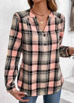 Pink Ruched Plaid Long Sleeve Split Neck Blouse -OLALA Clothing Shop 336504 P 16907883894502