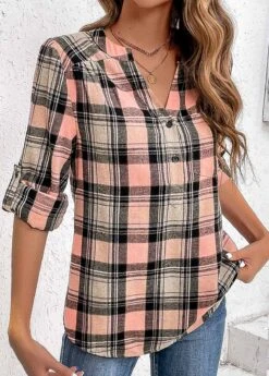 Pink Ruched Plaid Long Sleeve Split Neck Blouse -OLALA Clothing Shop 336504 P 16907883896194