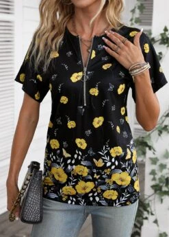Yellow Zipper Floral Print Short Sleeve T Shirt -OLALA Clothing Shop 336573 P 16881215822393