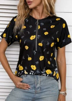 Yellow Zipper Floral Print Short Sleeve T Shirt -OLALA Clothing Shop 336573 P 16881215822570