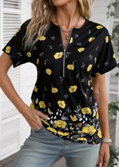 Yellow Zipper Floral Print Short Sleeve T Shirt -OLALA Clothing Shop 336573 P 16881215827334