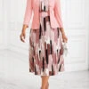 Pink Two Piece Belted Round Neck Dress And Cardigan