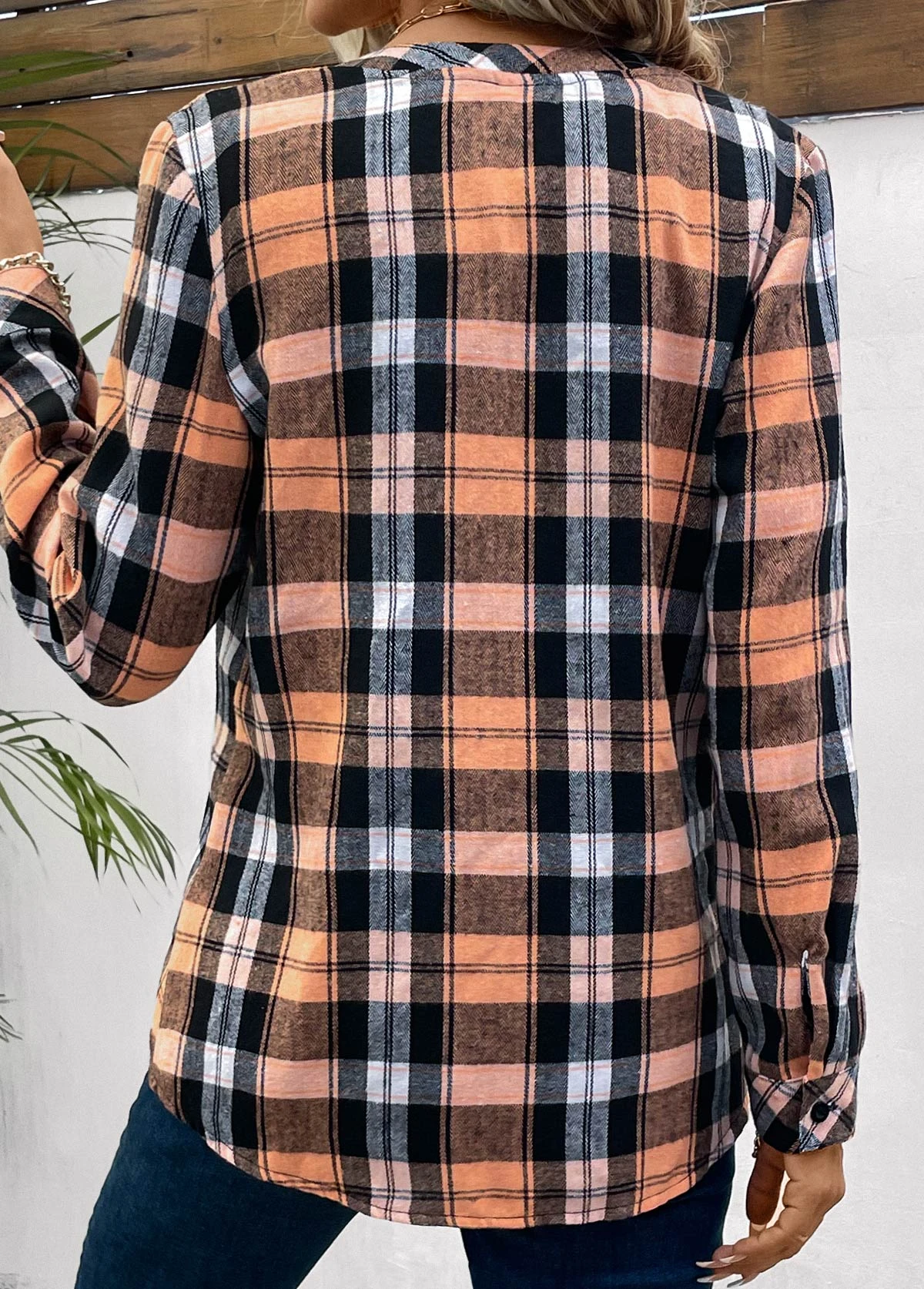 Orange Button Plaid Long Sleeve Round Neck Blouse 4 Orange Button Plaid Long Sleeve Round Neck Blouse - Image 2