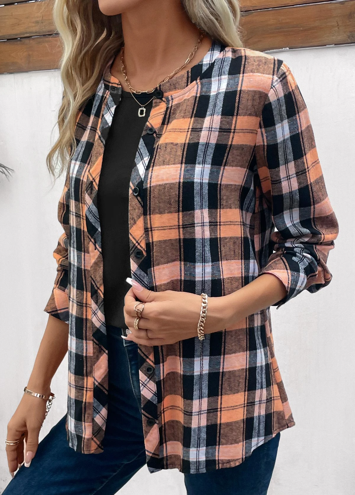Orange Button Plaid Long Sleeve Round Neck Blouse 5 Orange Button Plaid Long Sleeve Round Neck Blouse - Image 3