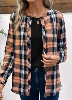 Orange Button Plaid Long Sleeve Round Neck Blouse 12 Orange Button Plaid Long Sleeve Round Neck Blouse -OLALA Clothing Shop 336923 P 16911475636254
