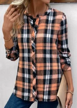 Orange Button Plaid Long Sleeve Round Neck Blouse 11 Orange Button Plaid Long Sleeve Round Neck Blouse -OLALA Clothing Shop 336923 P 16911475639873