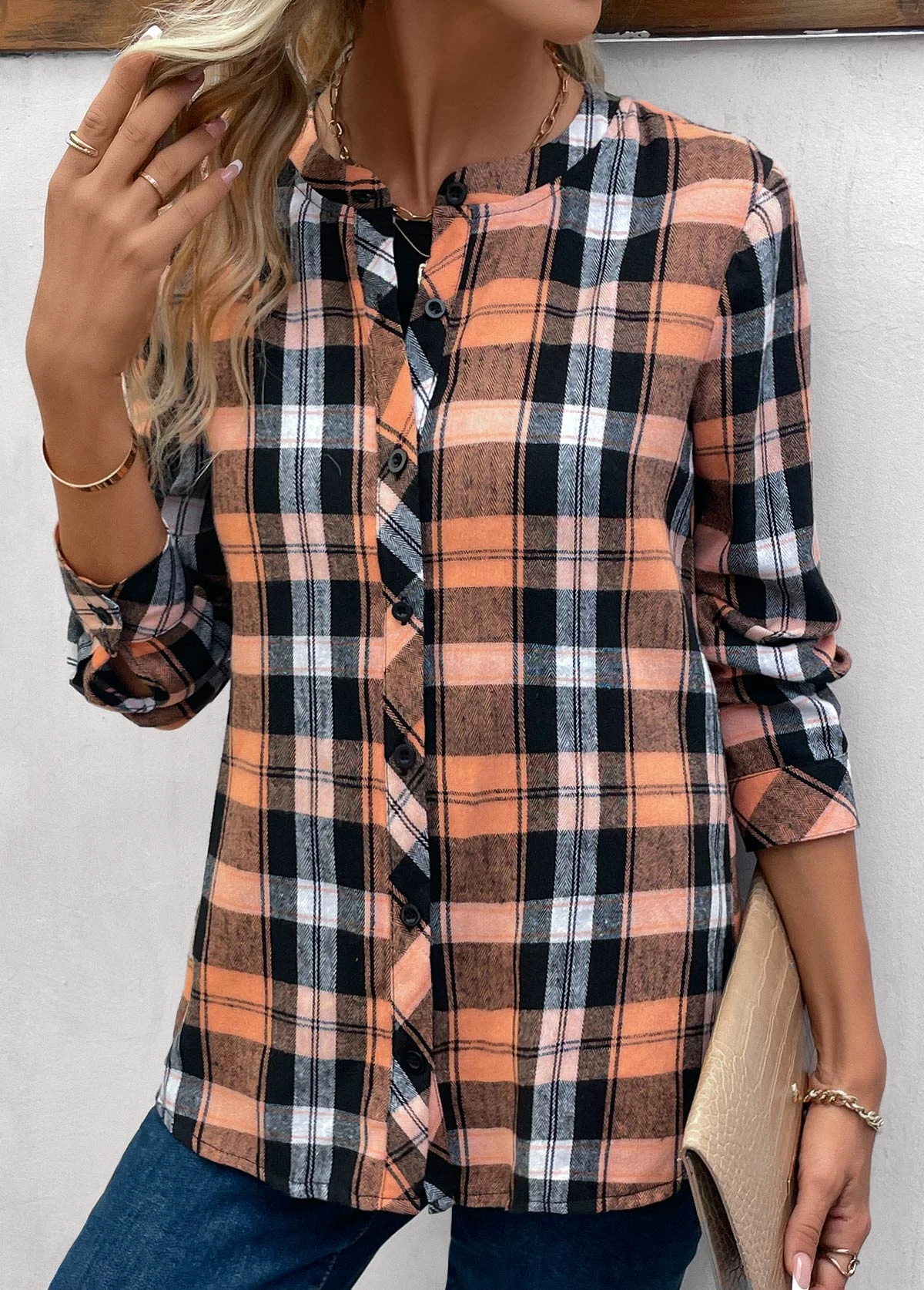 Orange Button Plaid Long Sleeve Round Neck Blouse 6 Orange Button Plaid Long Sleeve Round Neck Blouse - Image 4