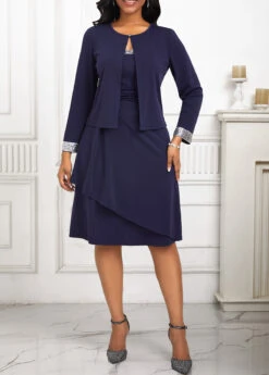 Navy Sequin Two Piece Suit Long Sleeve Dress And Cardigan -OLALA Clothing Shop 336927 P 16899448329733