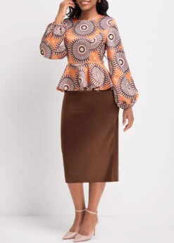 Orange Patchwork Tribal Print Long Sleeve Dress -OLALA Clothing Shop 337112 P 16917223497074