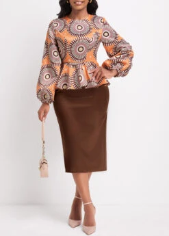 Orange Patchwork Tribal Print Long Sleeve Dress