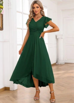 Blackish Green Twist High Low Short Sleeve Dress -OLALA Clothing Shop 337246 P 16947410523673