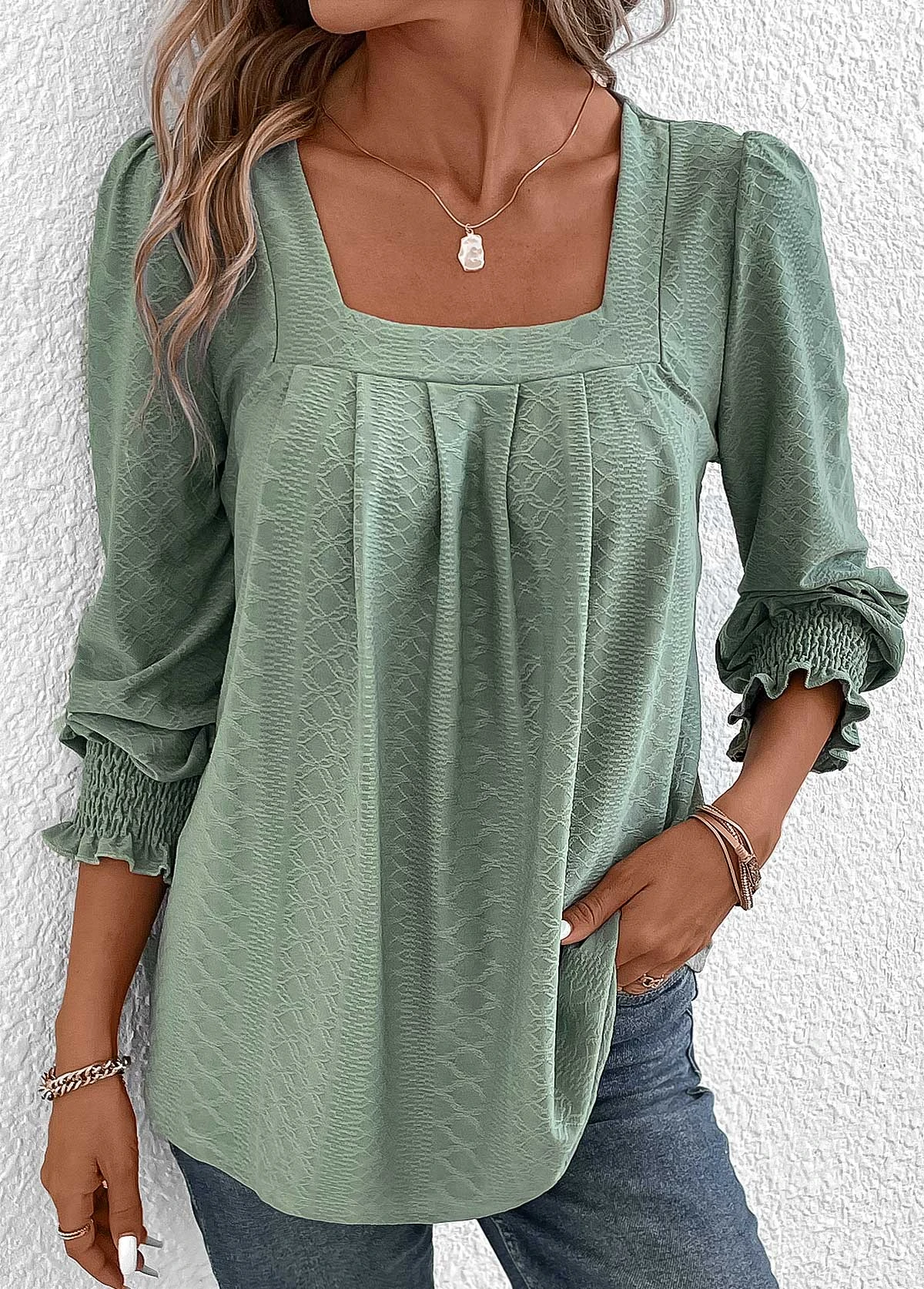 Green Smocked Long Sleeve Square Neck T Shirt 7 Green Smocked Long Sleeve Square Neck T Shirt - Image 5