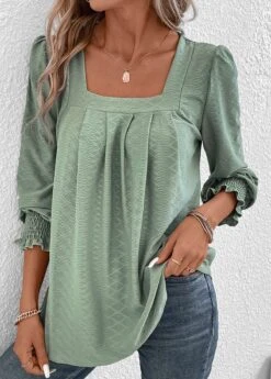 Green Smocked Long Sleeve Square Neck T Shirt 13 Green Smocked Long Sleeve Square Neck T Shirt -OLALA Clothing Shop 337554 P 16897662700845