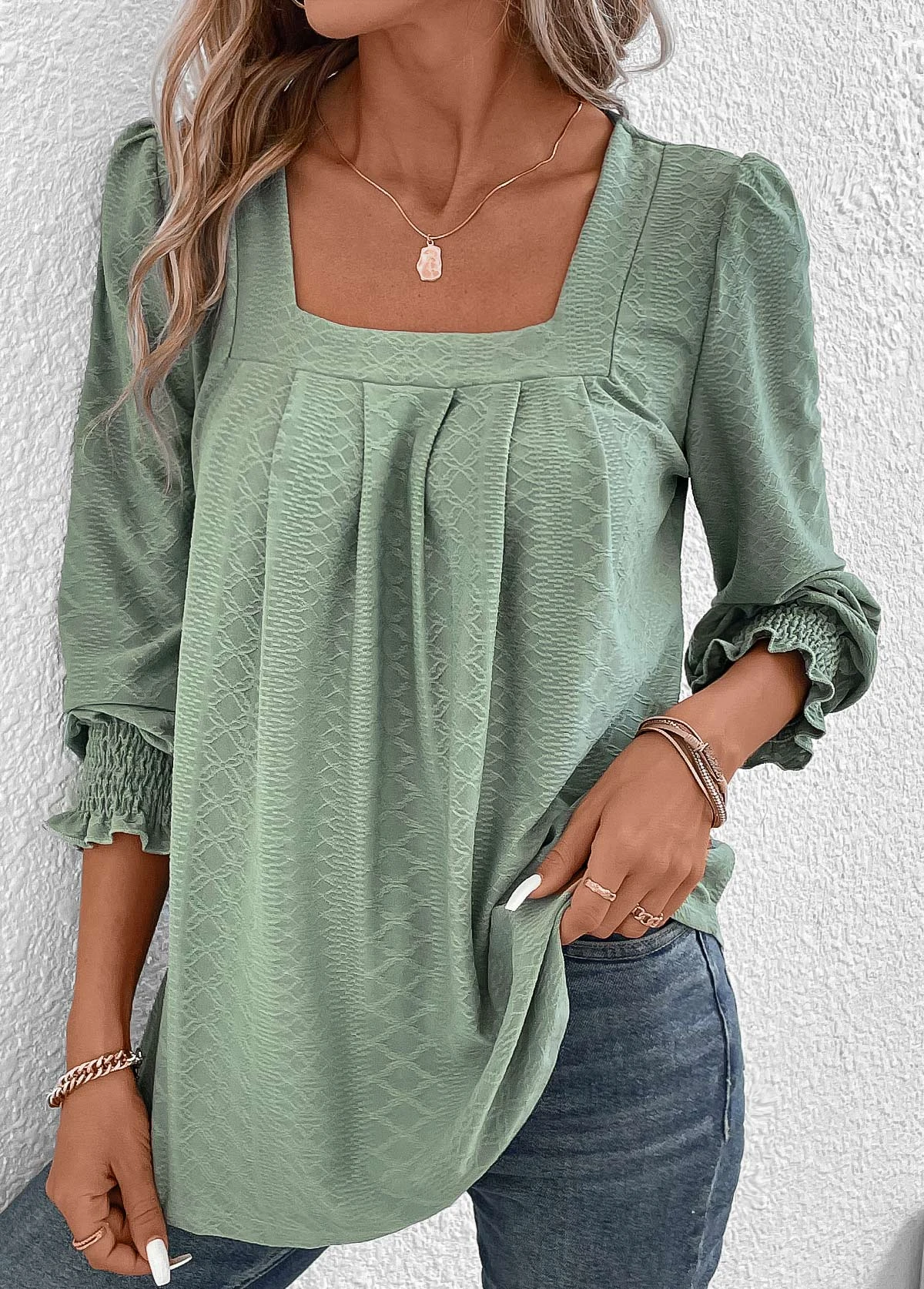 Green Smocked Long Sleeve Square Neck T Shirt 8 Green Smocked Long Sleeve Square Neck T Shirt - Image 6
