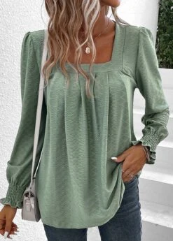 Green Smocked Long Sleeve Square Neck T Shirt